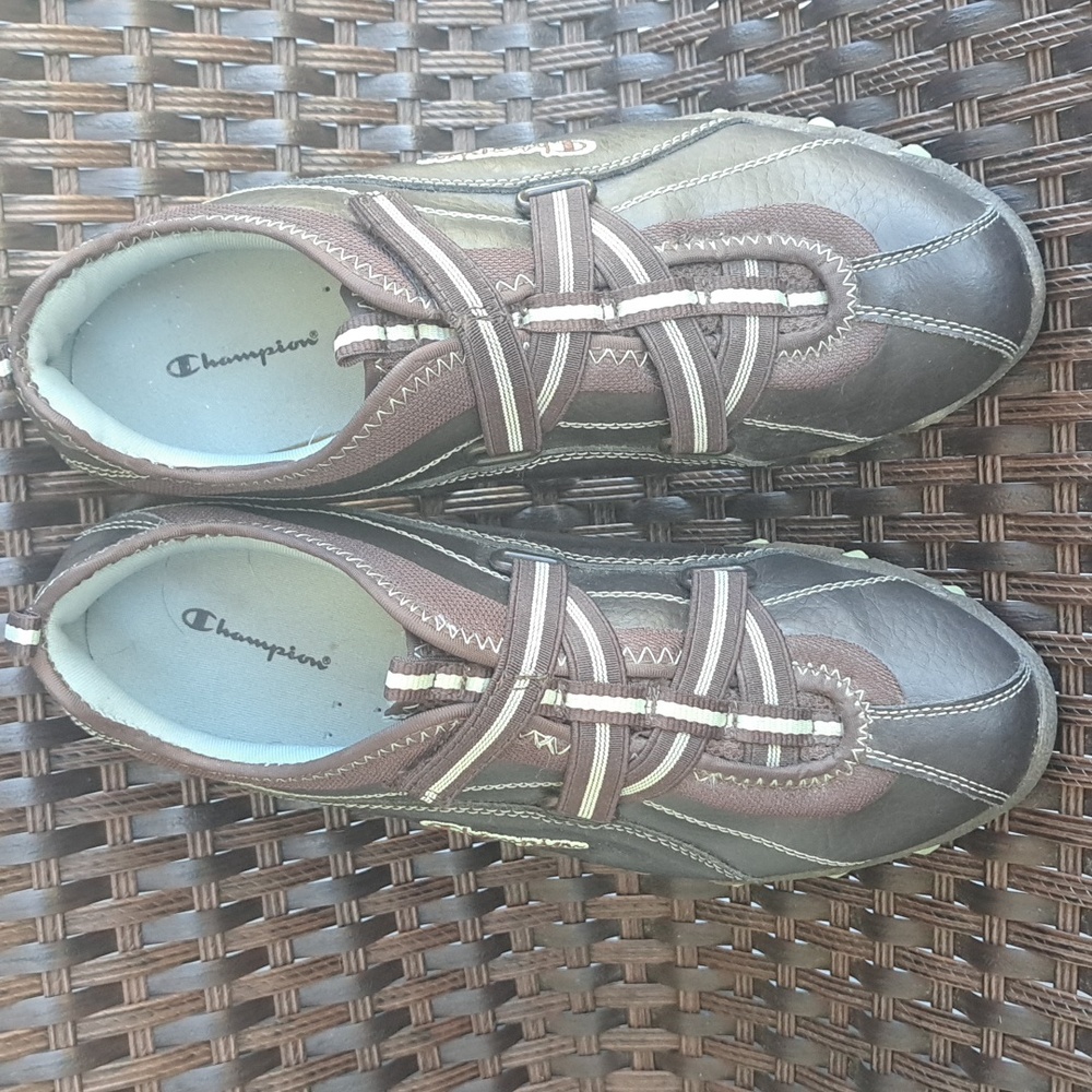 Champion Womens Elastic Strap Velcro  Sneaker Brown W/light Blue Accent Sz 8